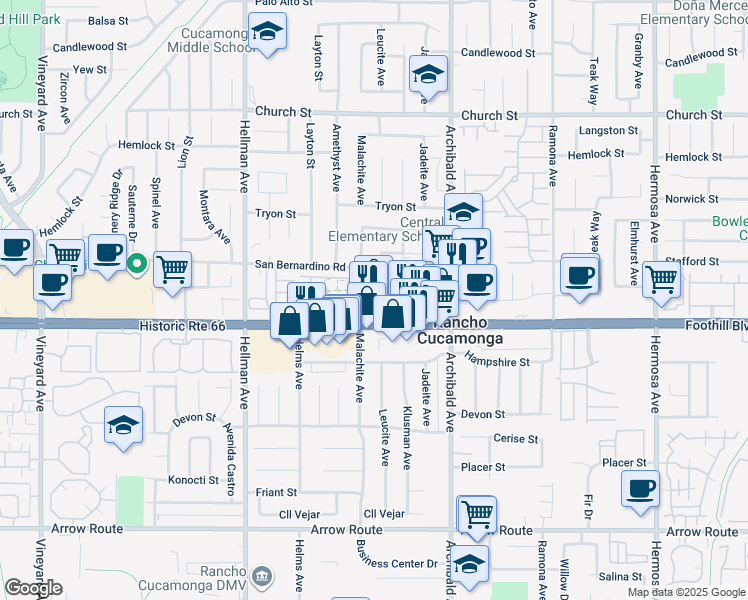 map of restaurants, bars, coffee shops, grocery stores, and more near 9538 Foothill Boulevard in Rancho Cucamonga