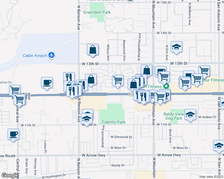 map of restaurants, bars, coffee shops, grocery stores, and more near West Street in Upland