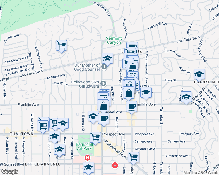 map of restaurants, bars, coffee shops, grocery stores, and more near 4608 Finley Avenue in Los Angeles