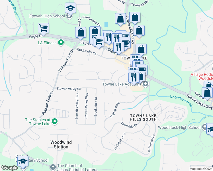 map of restaurants, bars, coffee shops, grocery stores, and more near 505 Rising Drive in Woodstock