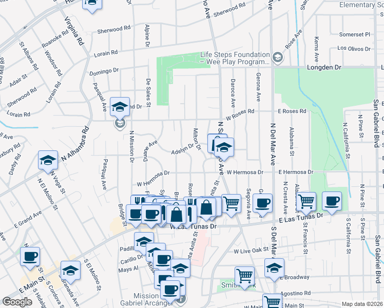 map of restaurants, bars, coffee shops, grocery stores, and more near 336 Rosemont Boulevard in San Gabriel