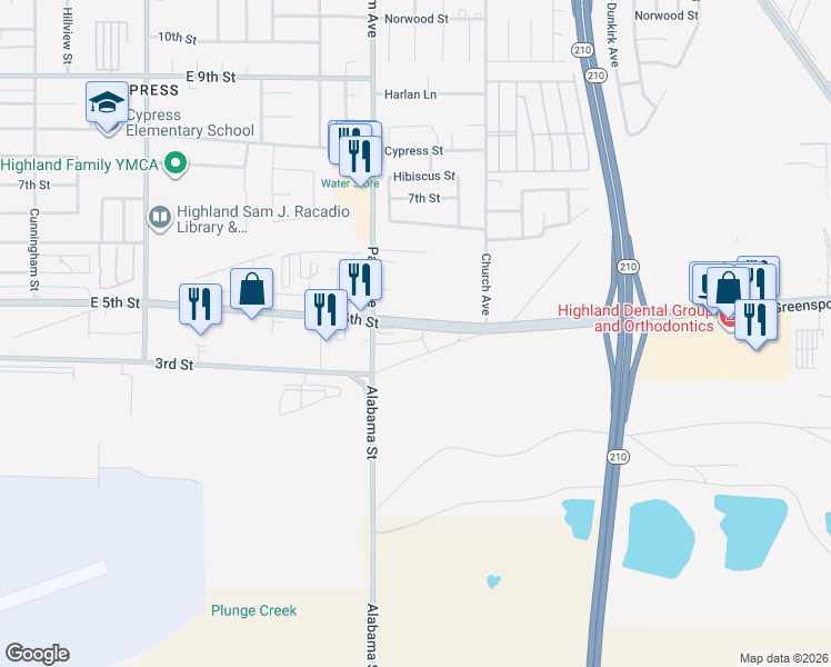 map of restaurants, bars, coffee shops, grocery stores, and more near 27381 5th Street in Highland