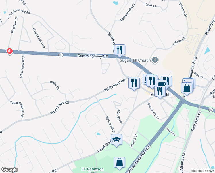 map of restaurants, bars, coffee shops, grocery stores, and more near 1056 Whitehead Road in Sugar Hill
