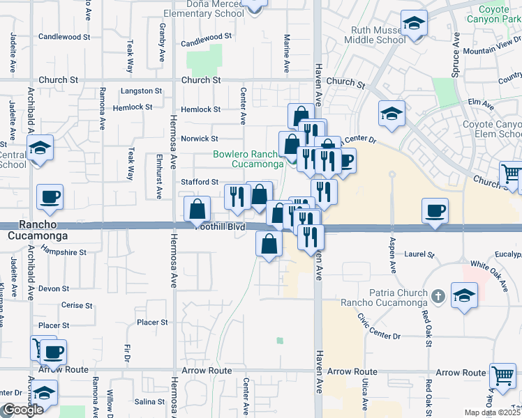 map of restaurants, bars, coffee shops, grocery stores, and more near 10340 Foothill Boulevard in Rancho Cucamonga