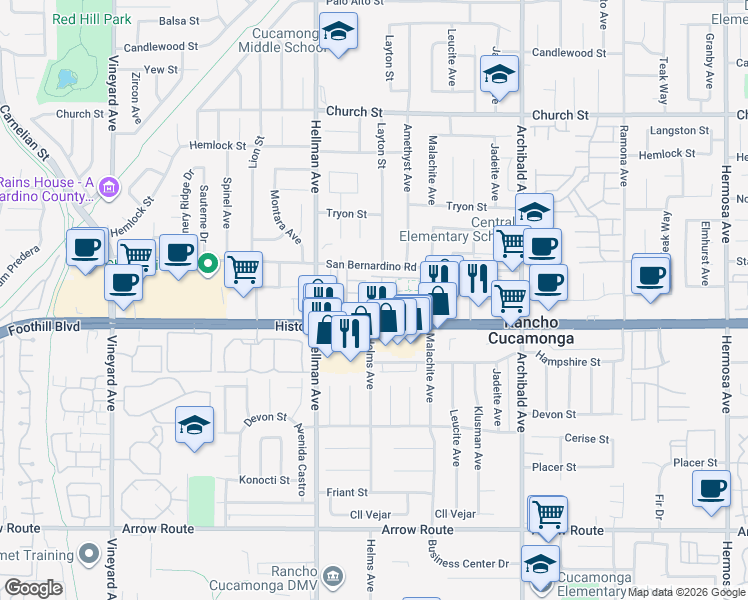 map of restaurants, bars, coffee shops, grocery stores, and more near 8048 Tulsa Place in Rancho Cucamonga