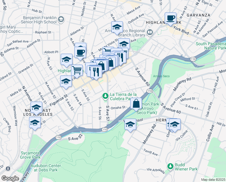 map of restaurants, bars, coffee shops, grocery stores, and more near 5727 Benner Street in Los Angeles