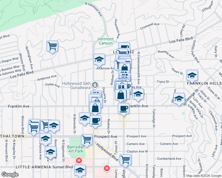 map of restaurants, bars, coffee shops, grocery stores, and more near 1971 Rodney Drive in Los Angeles