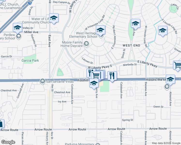 map of restaurants, bars, coffee shops, grocery stores, and more near 13656 Crawford Court in Fontana