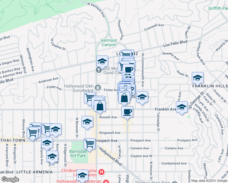map of restaurants, bars, coffee shops, grocery stores, and more near 1971 Rodney Drive in Los Angeles