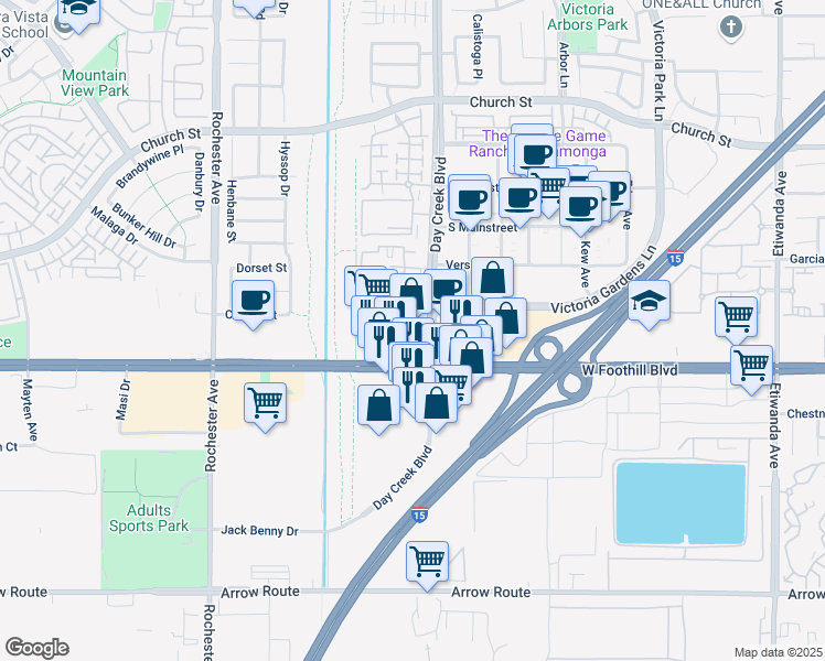 map of restaurants, bars, coffee shops, grocery stores, and more near 12260 Foothill Boulevard in Rancho Cucamonga