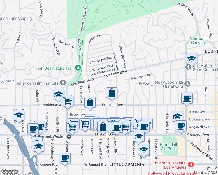 map of restaurants, bars, coffee shops, grocery stores, and more near 2000 De Mille Drive in Los Angeles