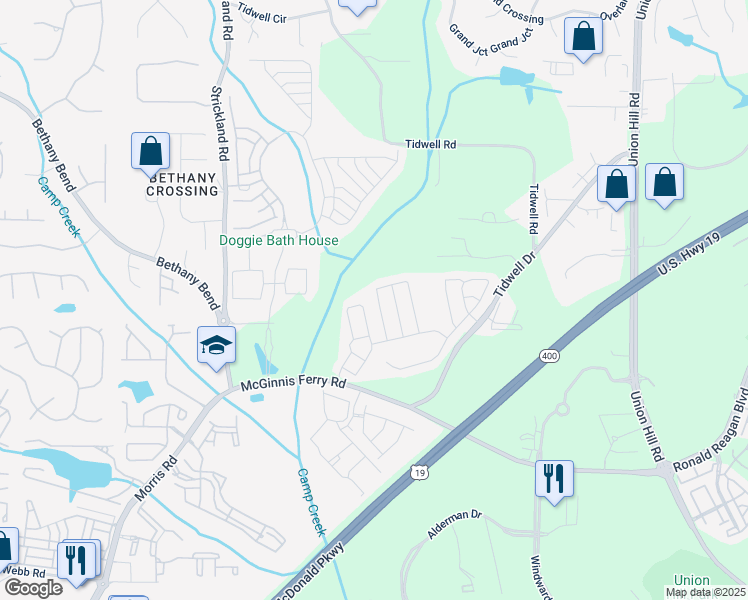 map of restaurants, bars, coffee shops, grocery stores, and more near 1044 Prestwyck Court in Alpharetta