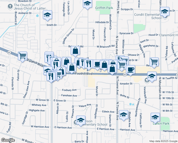 map of restaurants, bars, coffee shops, grocery stores, and more near 323 East Foothill Boulevard in Pomona