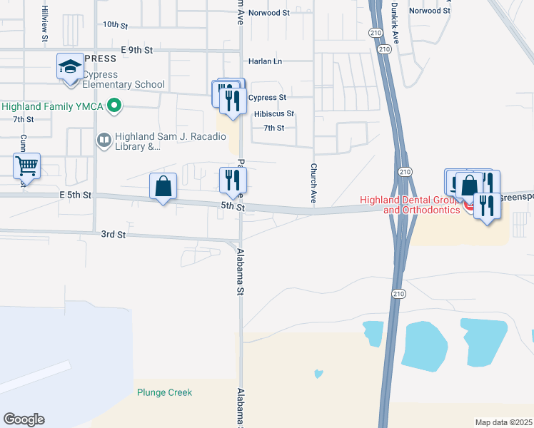 map of restaurants, bars, coffee shops, grocery stores, and more near 27380 East 3rd Street in Highland