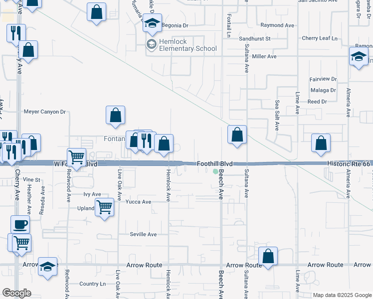 map of restaurants, bars, coffee shops, grocery stores, and more near 15144 Foothill Boulevard in Fontana