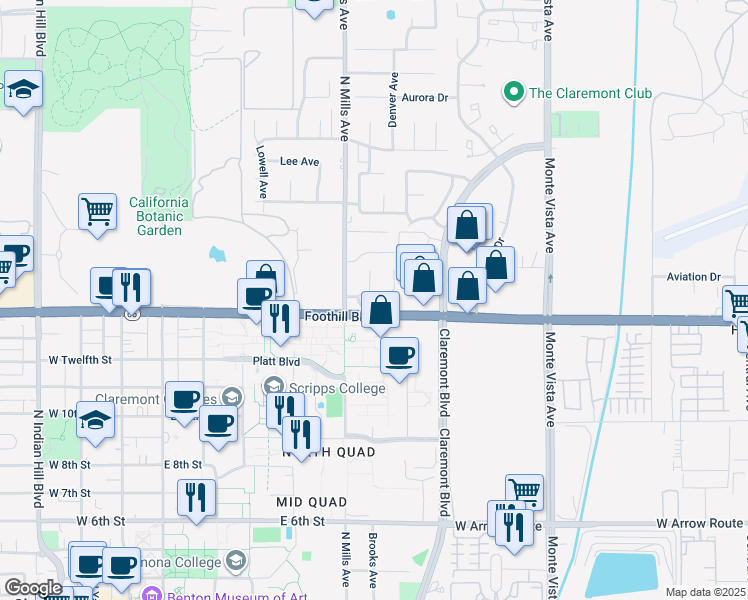 map of restaurants, bars, coffee shops, grocery stores, and more near 591 East Foothill Boulevard in Claremont