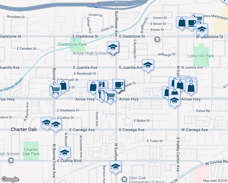 map of restaurants, bars, coffee shops, grocery stores, and more near 905 East Arrow Highway in Glendora