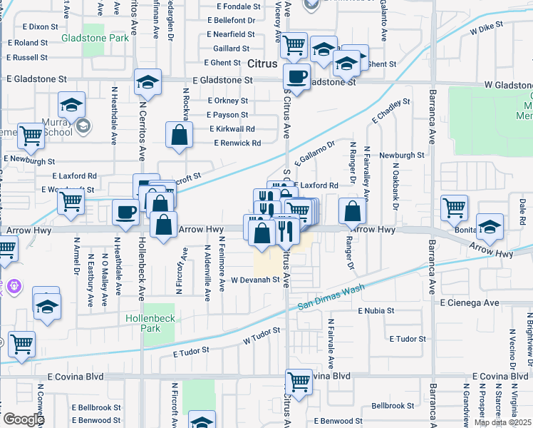 map of restaurants, bars, coffee shops, grocery stores, and more near 43 East Arrow Highway in Covina