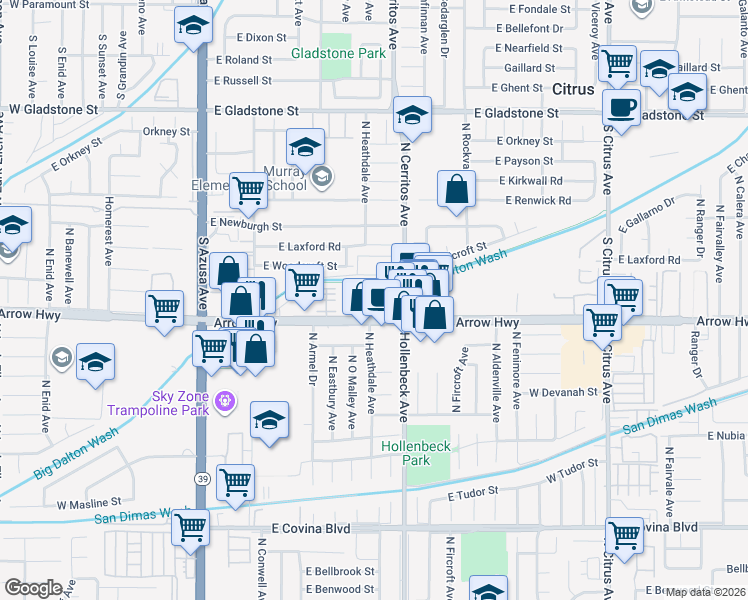 map of restaurants, bars, coffee shops, grocery stores, and more near 573 East Arrow Highway in Azusa