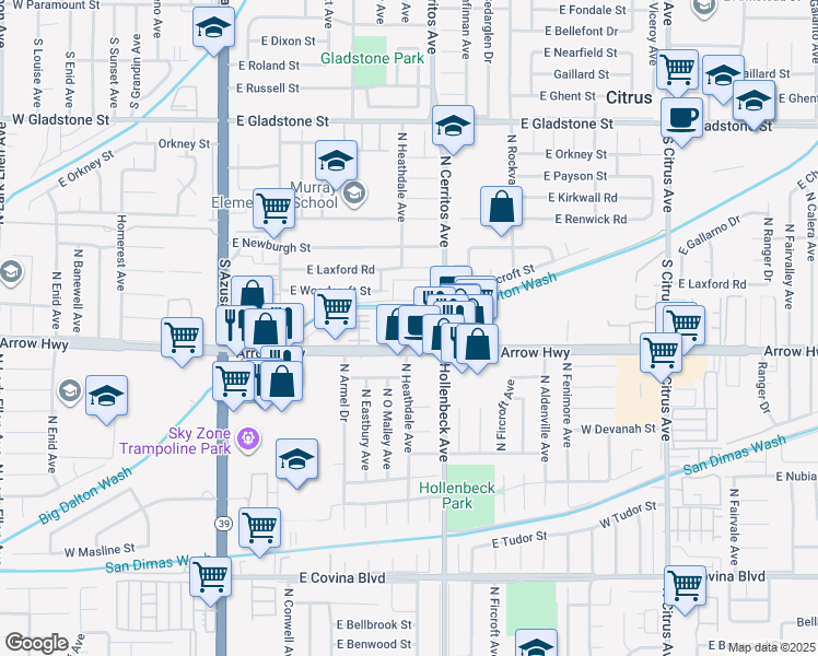map of restaurants, bars, coffee shops, grocery stores, and more near 573 East Arrow Highway in Azusa