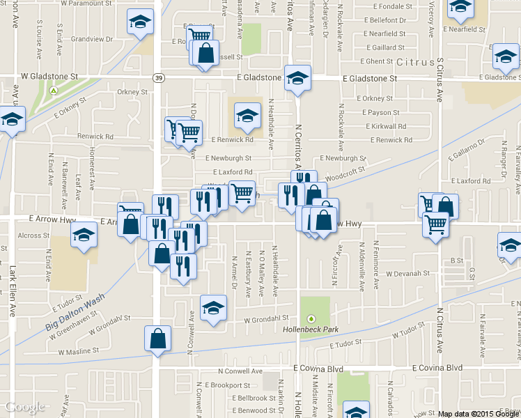 map of restaurants, bars, coffee shops, grocery stores, and more near 543 East Arrow Highway in Azusa