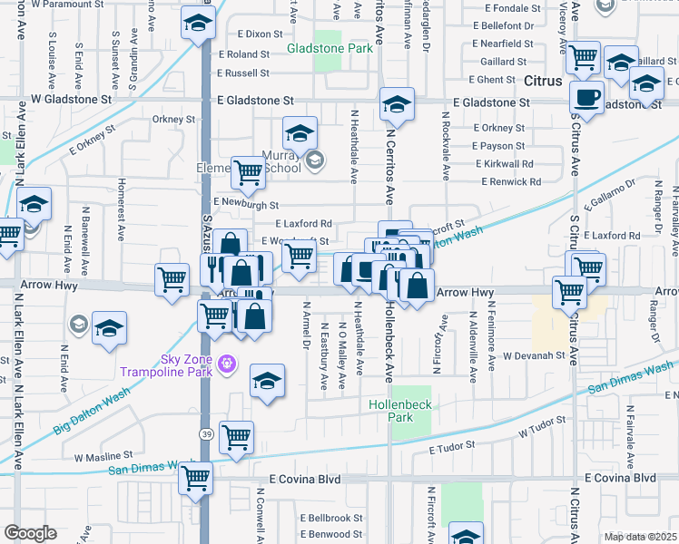 map of restaurants, bars, coffee shops, grocery stores, and more near 543 East Arrow Highway in Azusa