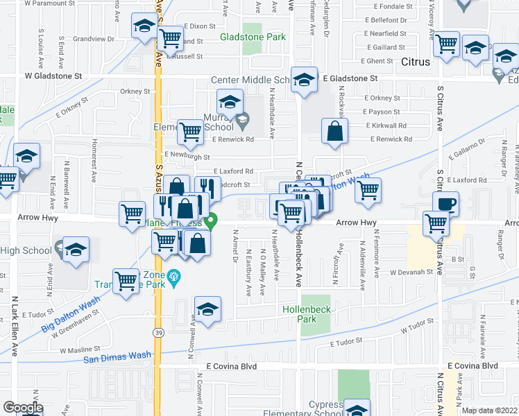 map of restaurants, bars, coffee shops, grocery stores, and more near 543 East Arrow Highway in Azusa