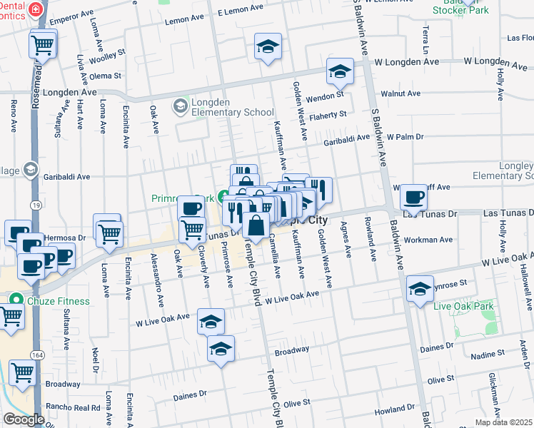 map of restaurants, bars, coffee shops, grocery stores, and more near 9659 East Las Tunas Drive in Temple City