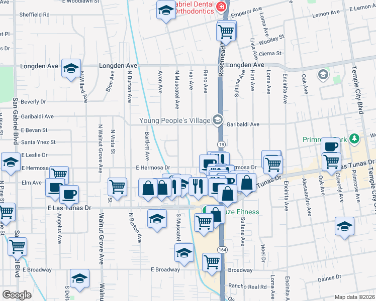 map of restaurants, bars, coffee shops, grocery stores, and more near 5922 North Muscatel Avenue in San Gabriel