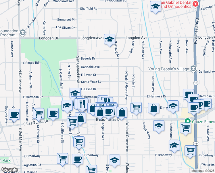 map of restaurants, bars, coffee shops, grocery stores, and more near 5922 North Del Loma Avenue in San Gabriel