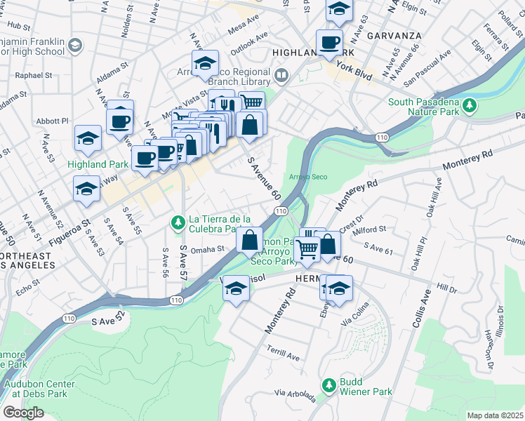 map of restaurants, bars, coffee shops, grocery stores, and more near 333 South Avenue 59 in Los Angeles