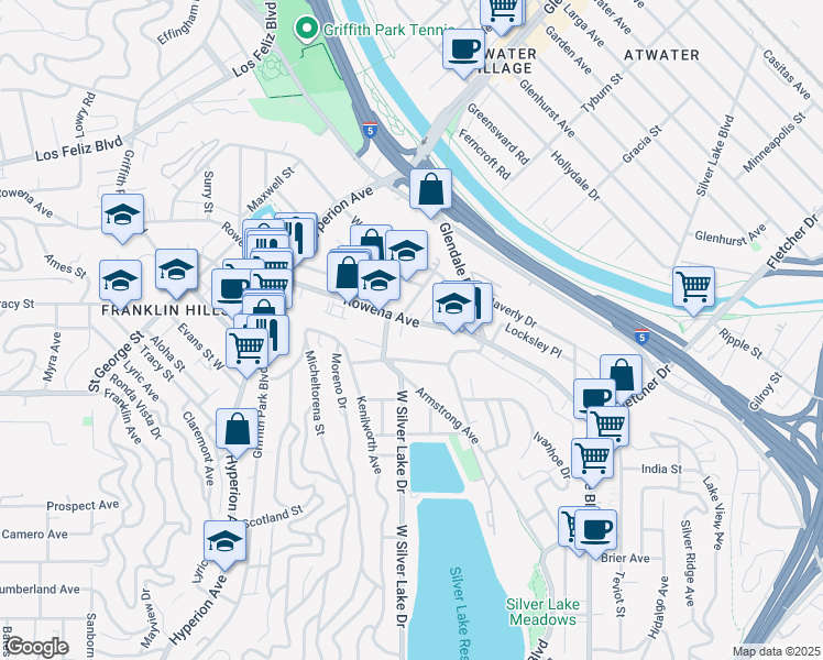 map of restaurants, bars, coffee shops, grocery stores, and more near 2751 Angus Street in Los Angeles