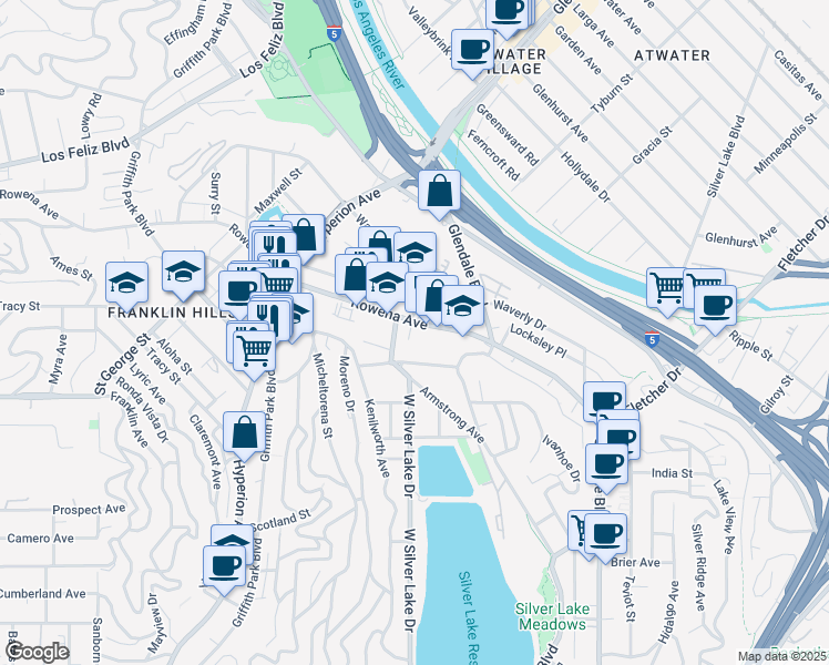 map of restaurants, bars, coffee shops, grocery stores, and more near 2751 Angus Street in Los Angeles