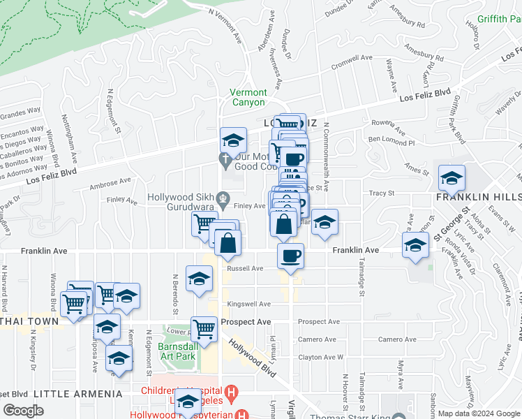 map of restaurants, bars, coffee shops, grocery stores, and more near 1954 Dracena Drive in Los Angeles