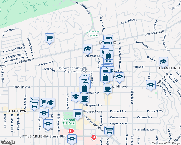 map of restaurants, bars, coffee shops, grocery stores, and more near 1954 Dracena Drive in Los Angeles
