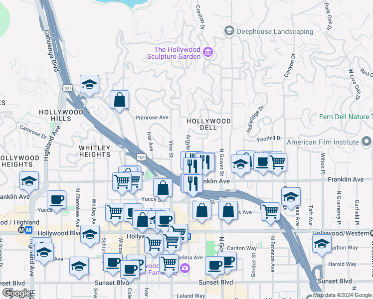 map of restaurants, bars, coffee shops, grocery stores, and more near 1961 Argyle Avenue in Los Angeles