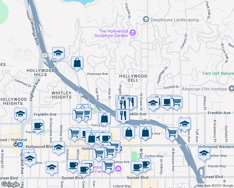 map of restaurants, bars, coffee shops, grocery stores, and more near 1961 Argyle Avenue in Los Angeles