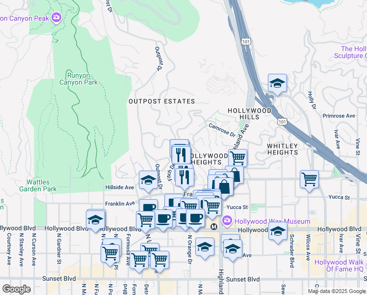 map of restaurants, bars, coffee shops, grocery stores, and more near 2015 North Sycamore Avenue in Los Angeles