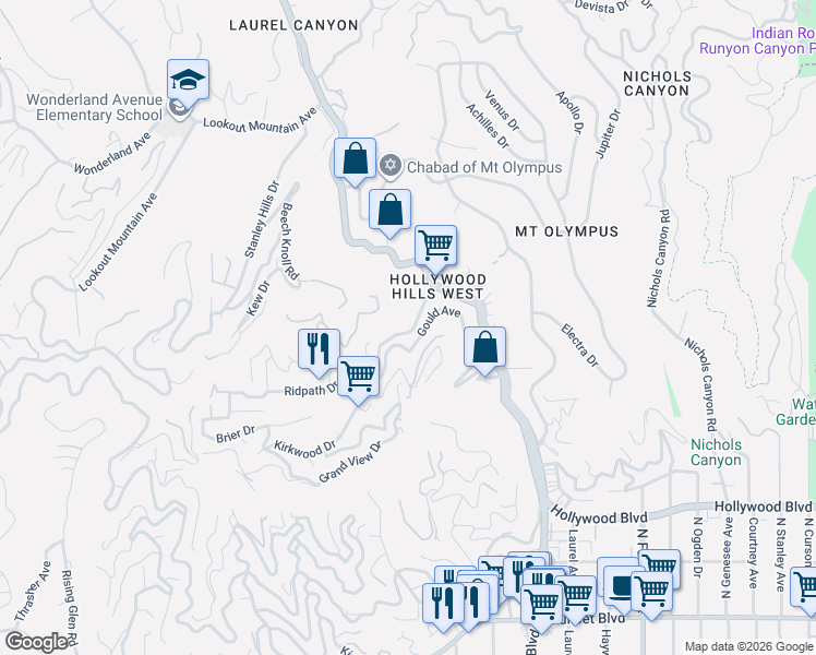 map of restaurants, bars, coffee shops, grocery stores, and more near 8261 Gould Avenue in Los Angeles