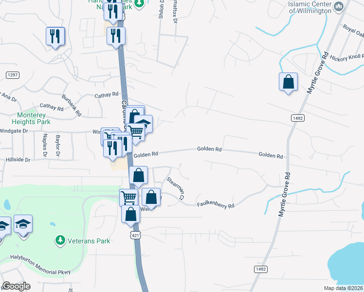 map of restaurants, bars, coffee shops, grocery stores, and more near 351 Golden Rd in Wilmington