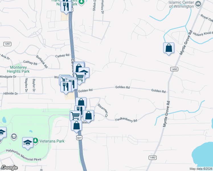 map of restaurants, bars, coffee shops, grocery stores, and more near 351 Golden Rd in Wilmington