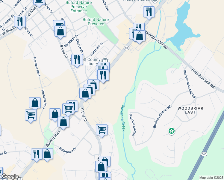 map of restaurants, bars, coffee shops, grocery stores, and more near 1840 Brickton Station in Buford