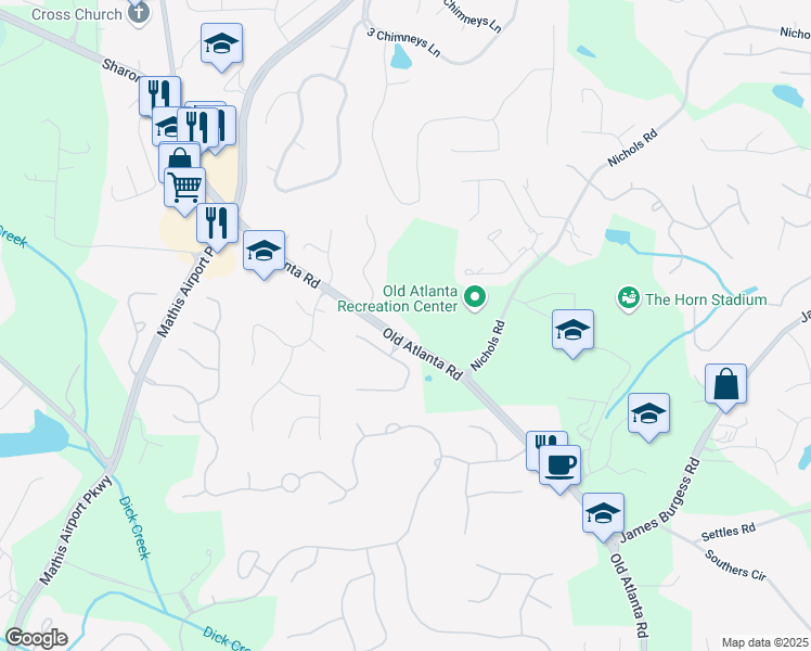 map of restaurants, bars, coffee shops, grocery stores, and more near 3349 Old Atlanta Road in Suwanee