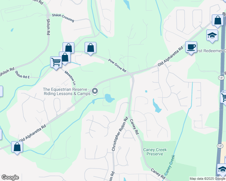 map of restaurants, bars, coffee shops, grocery stores, and more near 725 Caney Fork Road in Alpharetta