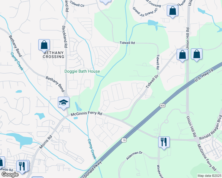 map of restaurants, bars, coffee shops, grocery stores, and more near 1044 Prestwyck Court in Alpharetta