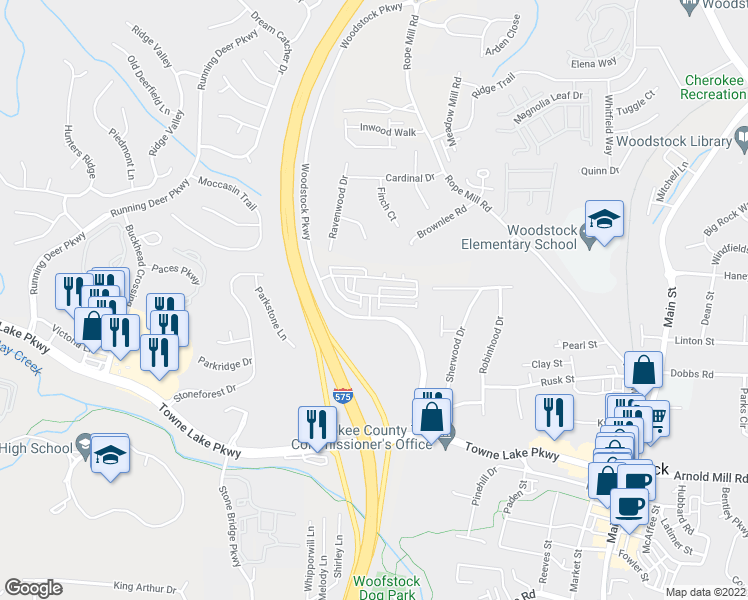 map of restaurants, bars, coffee shops, grocery stores, and more near 349 Commons Avenue in Woodstock