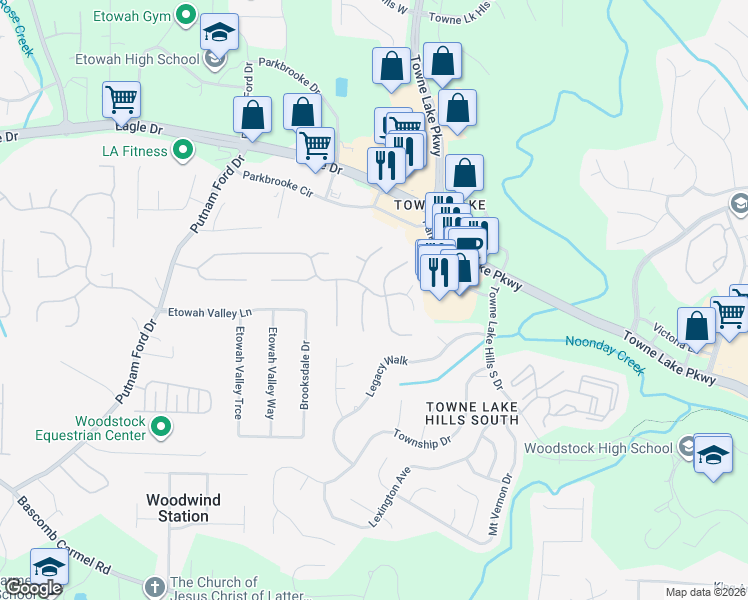 map of restaurants, bars, coffee shops, grocery stores, and more near 160 Eagle Glen Drive in Woodstock