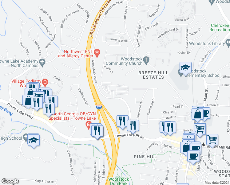 map of restaurants, bars, coffee shops, grocery stores, and more near 171 Woodstock Parkway in Woodstock