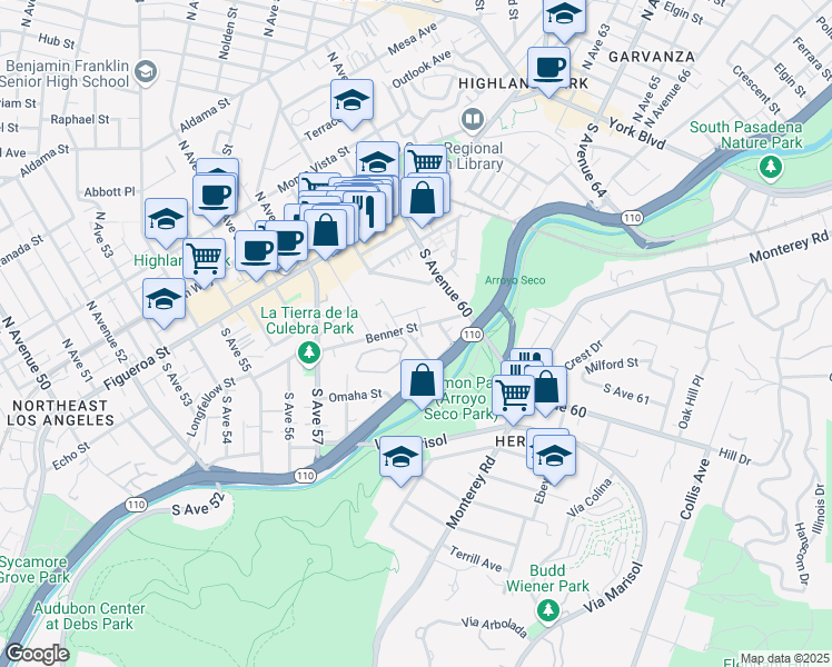 map of restaurants, bars, coffee shops, grocery stores, and more near 311 South Avenue 59 in Los Angeles
