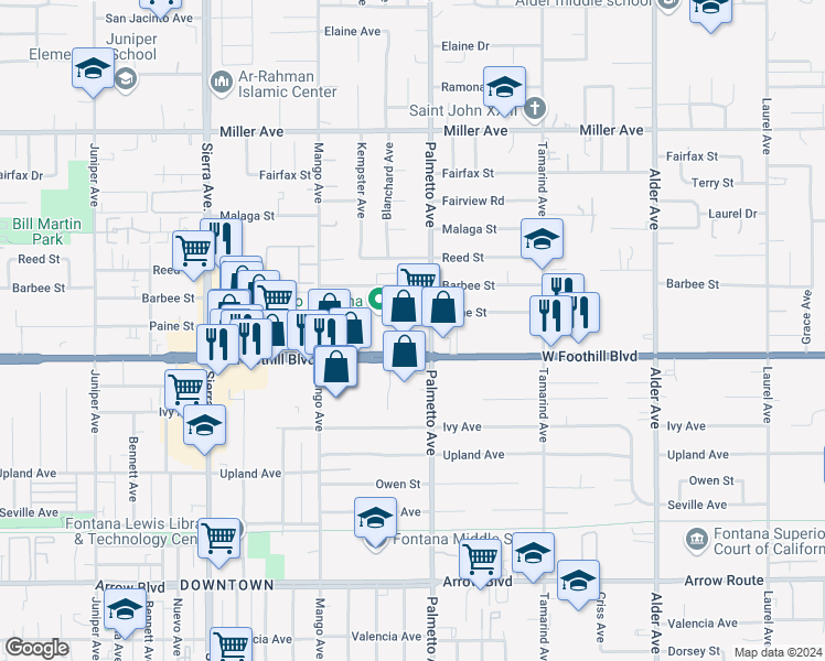 map of restaurants, bars, coffee shops, grocery stores, and more near 17264 Foothill Boulevard in Fontana